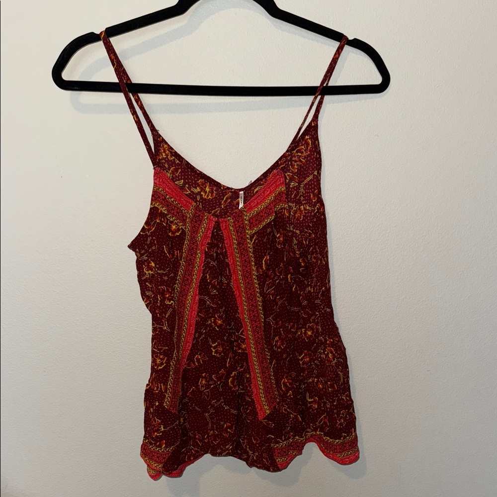 Free People Red Orange Floral Tank Spaghetti Strap Womens Med 100% Rayon Boho